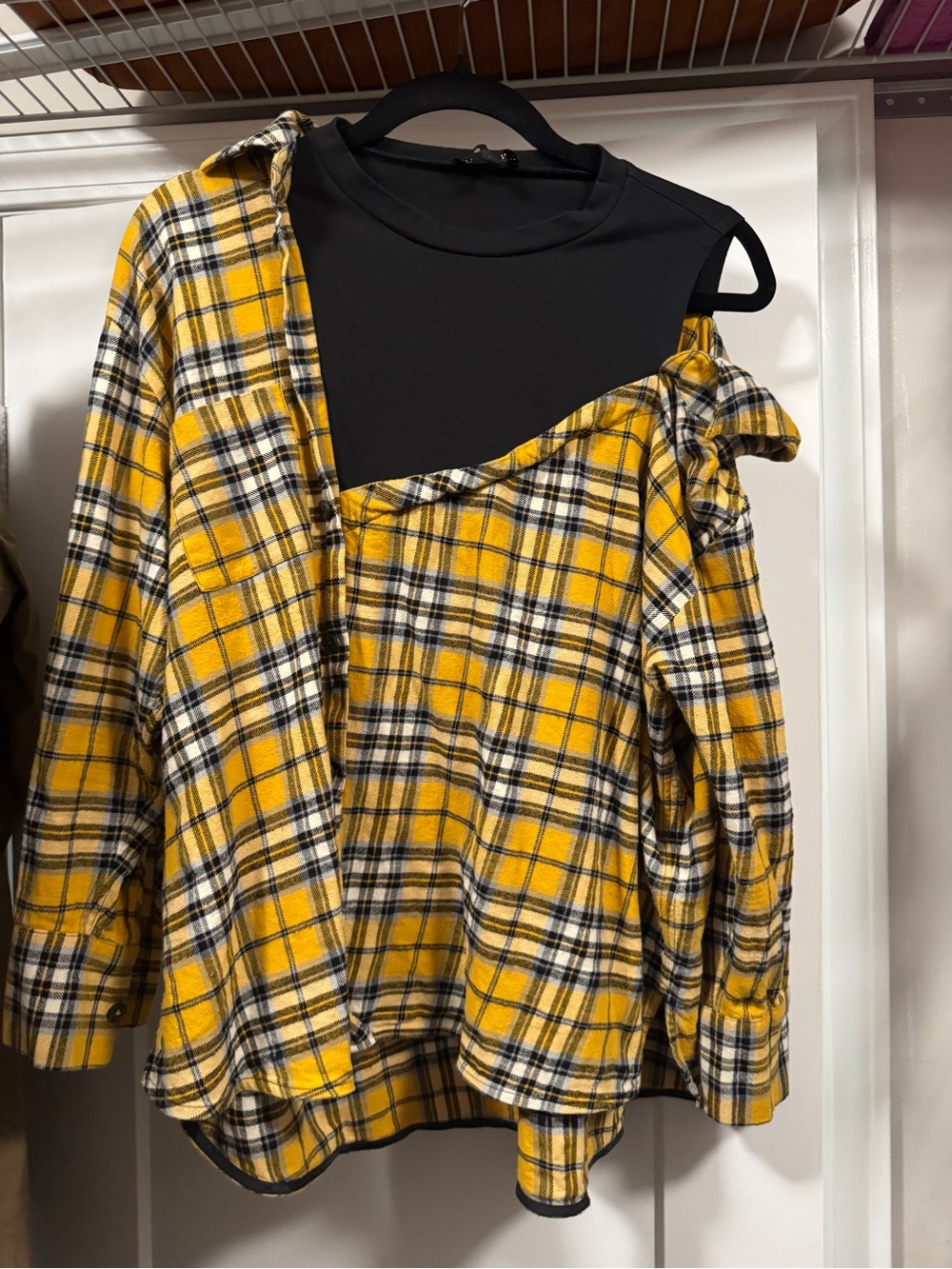 Maje Yellow Plaid Cold-Shoulder Button-Down